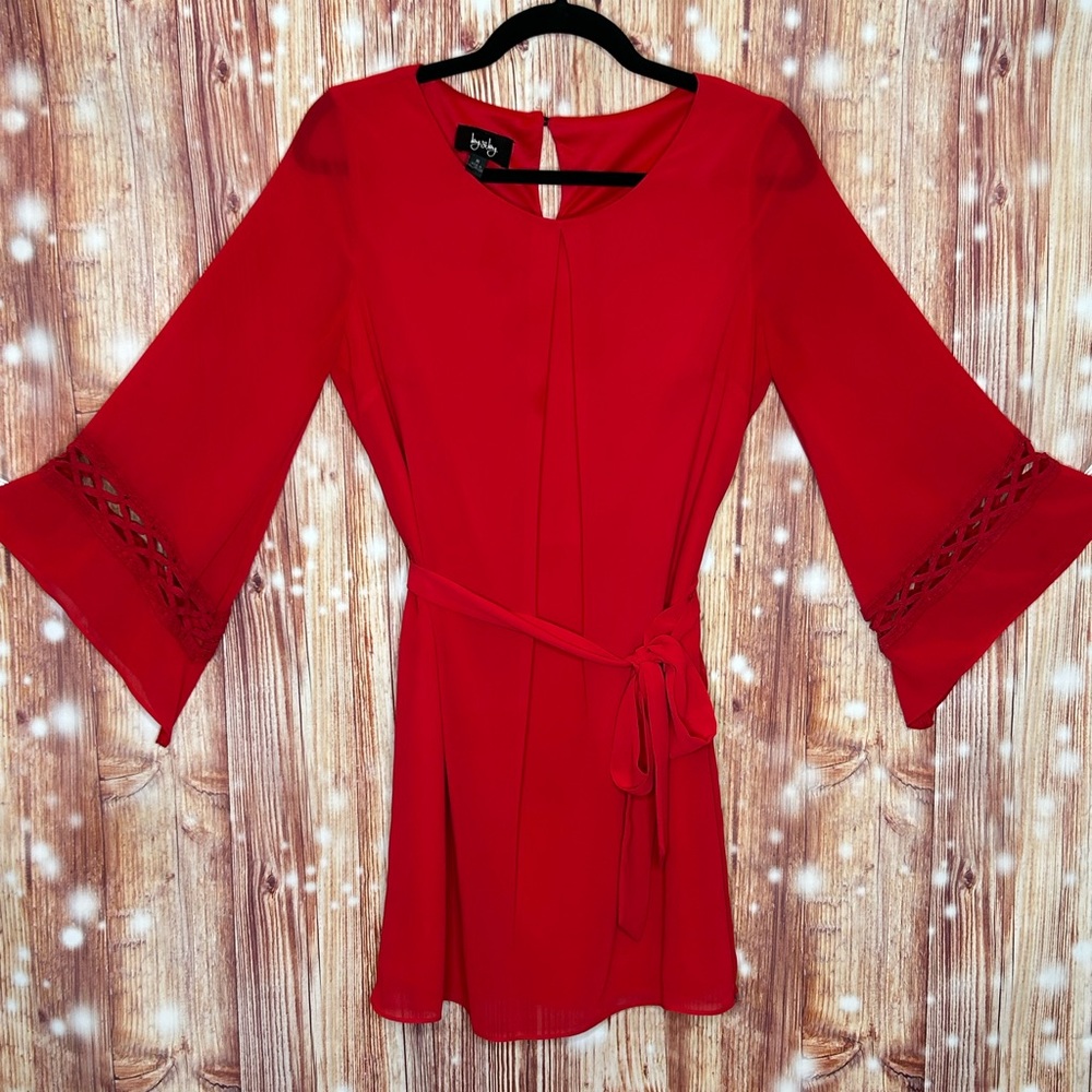 By & By Red Dress Size M Bell Butterfly Sleeves with Lace Embellished Details